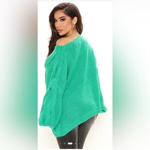 Cozy oversized off the shoulder cable knit sweater balloon sleeves green NWT S